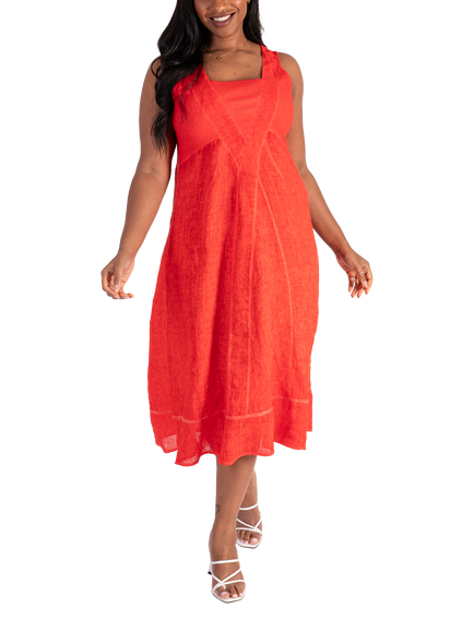 chesca Ribbed Panelled Sleeveless Linen Dress, Tomato