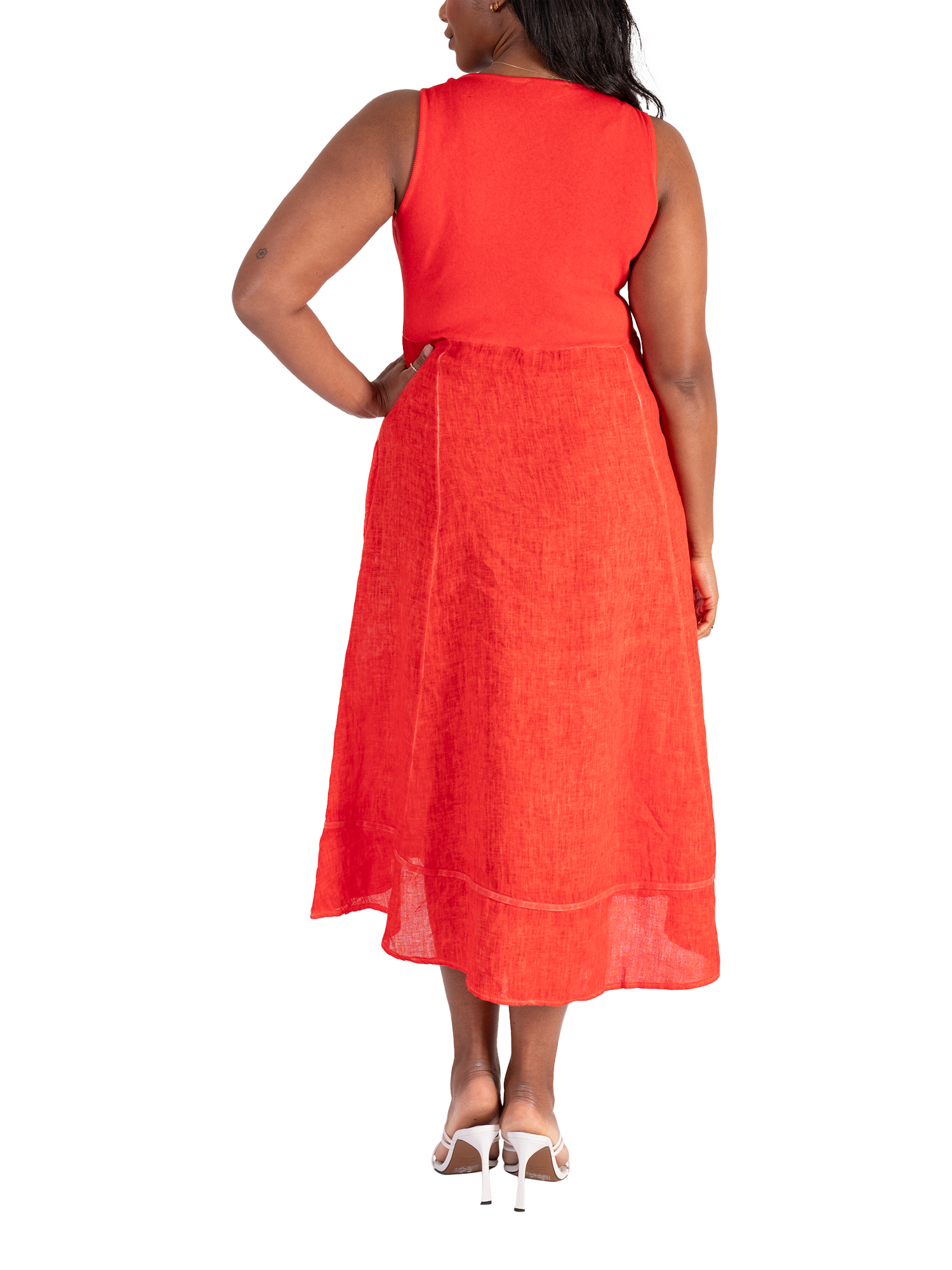 Product image 2 of 5, which shows chesca Ribbed Panelled Sleeveless Linen Dress, Tomato, 14-16