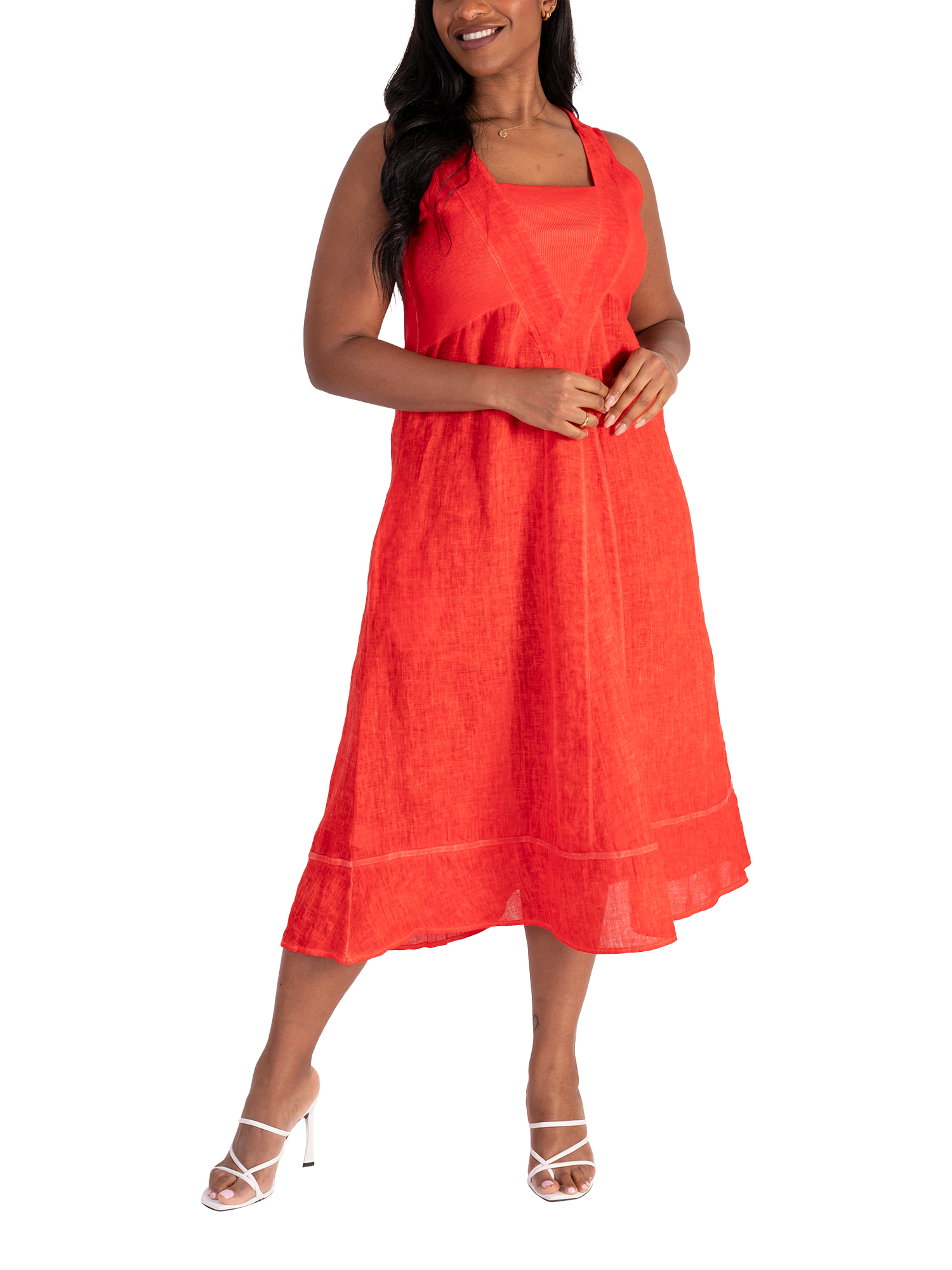 Product image 3 of 5, which shows chesca Ribbed Panelled Sleeveless Linen Dress, Tomato, 14-16