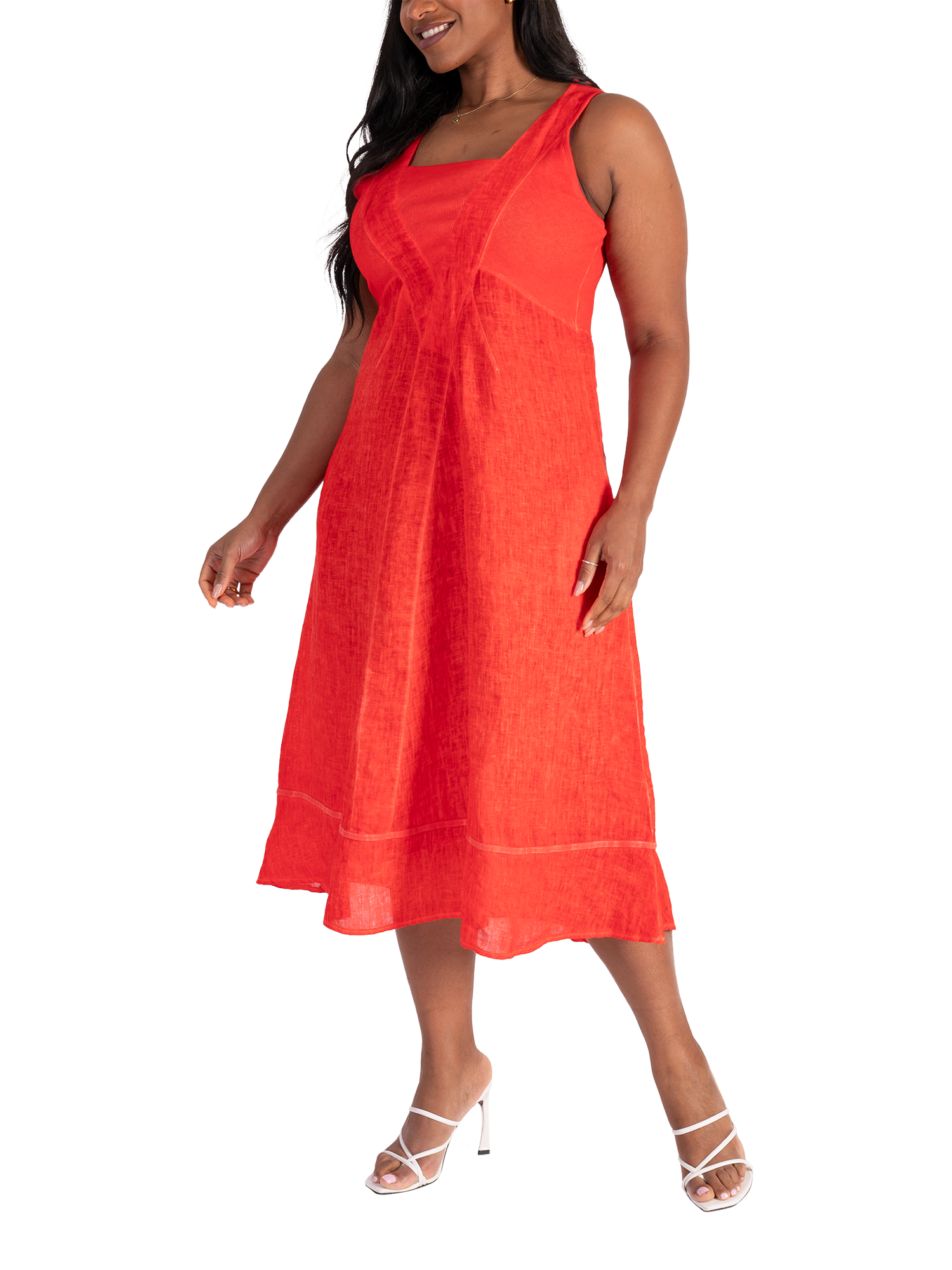 Product image 4 of 5, which shows chesca Ribbed Panelled Sleeveless Linen Dress, Tomato, 14-16