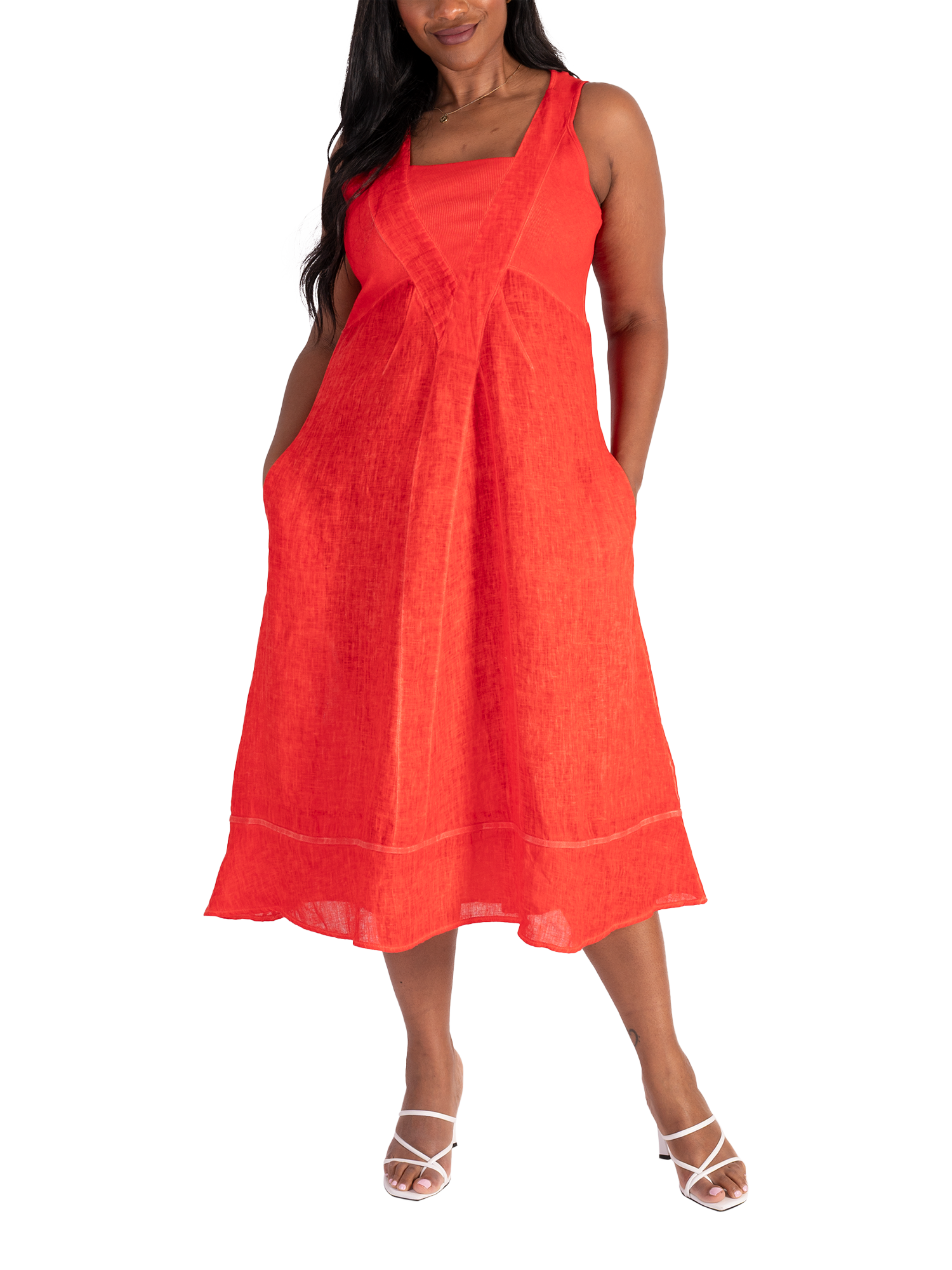 Product image 5 of 5, which shows chesca Ribbed Panelled Sleeveless Linen Dress, Tomato, 14-16