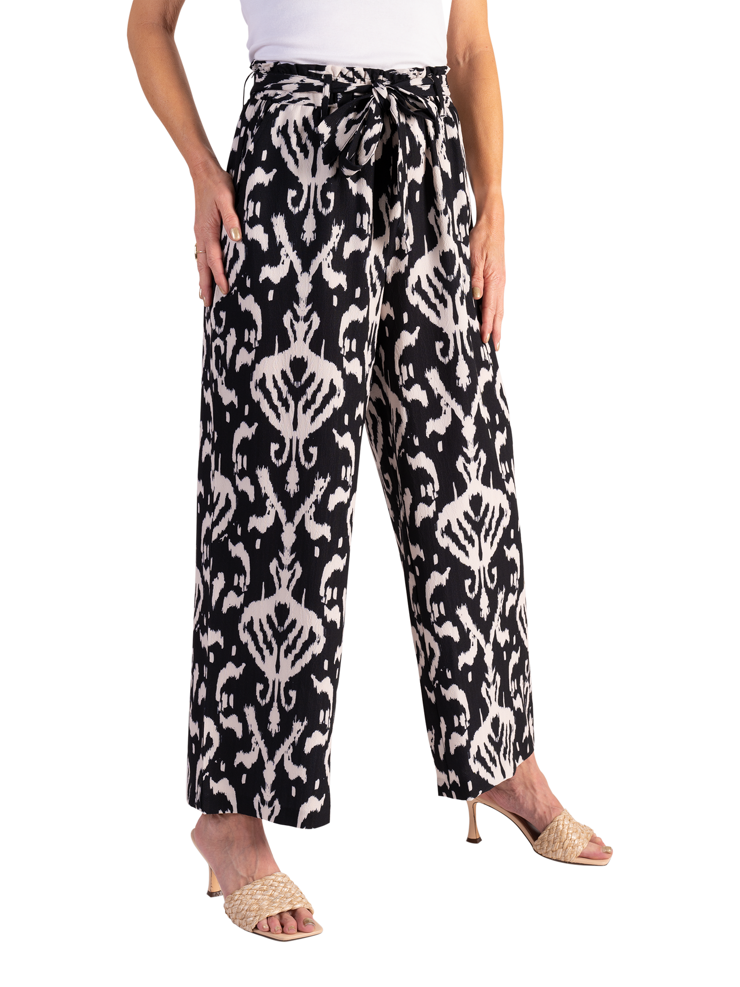 Product image 1 of 6, which shows chesca Ikat Print Pull On Wide Leg Trousers, Black/Multi, 18-20