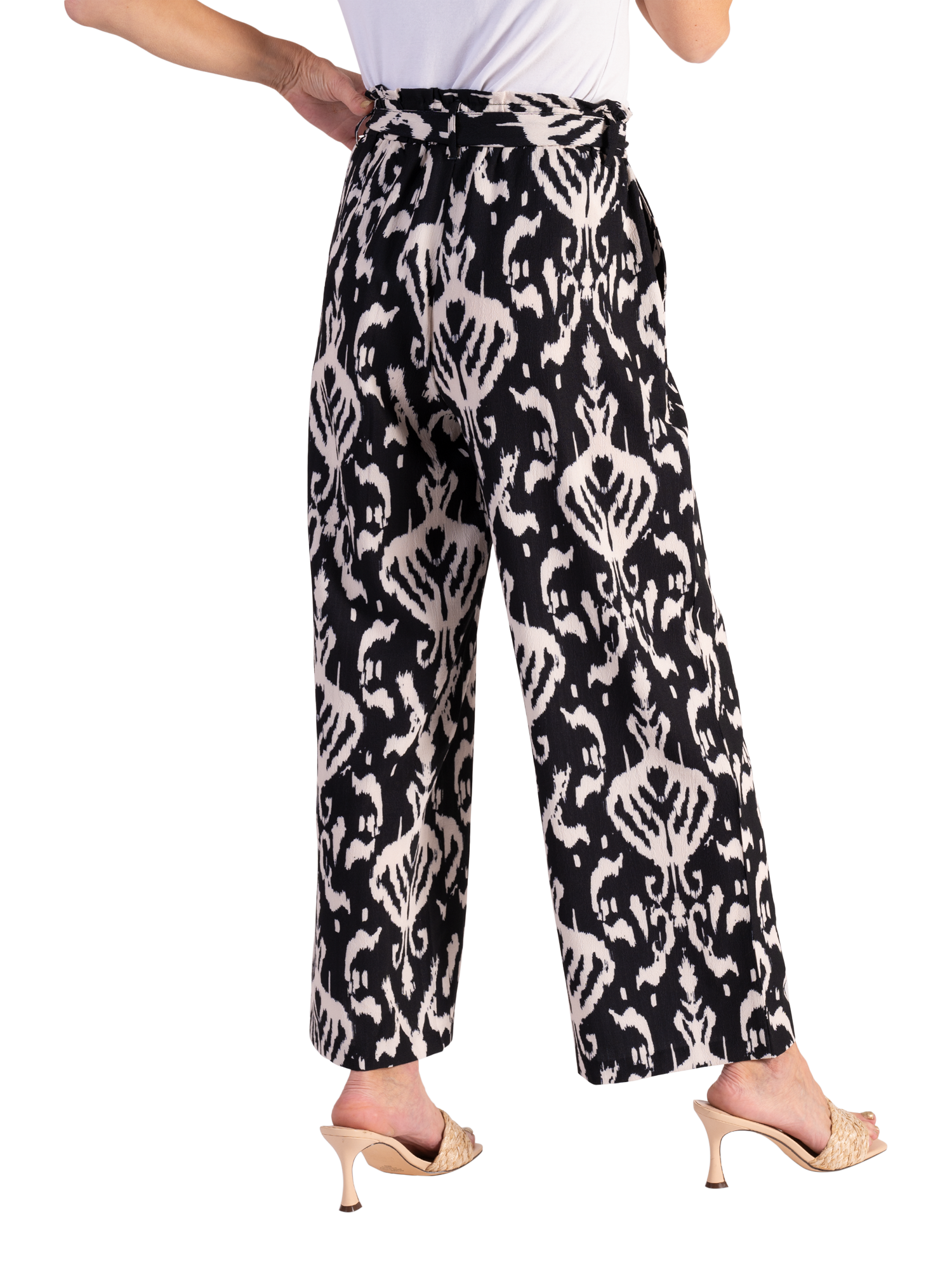 Product image 2 of 6, which shows chesca Ikat Print Pull On Wide Leg Trousers, Black/Multi, 18-20