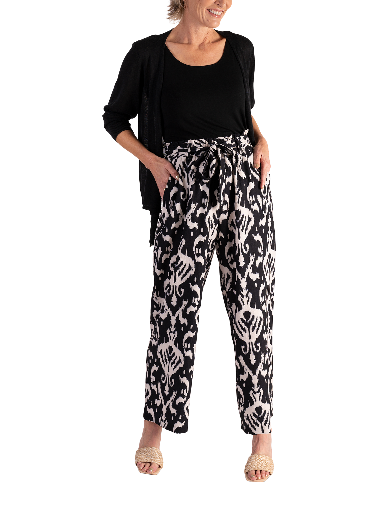 Product image 4 of 6, which shows chesca Ikat Print Pull On Wide Leg Trousers, Black/Multi, 18-20