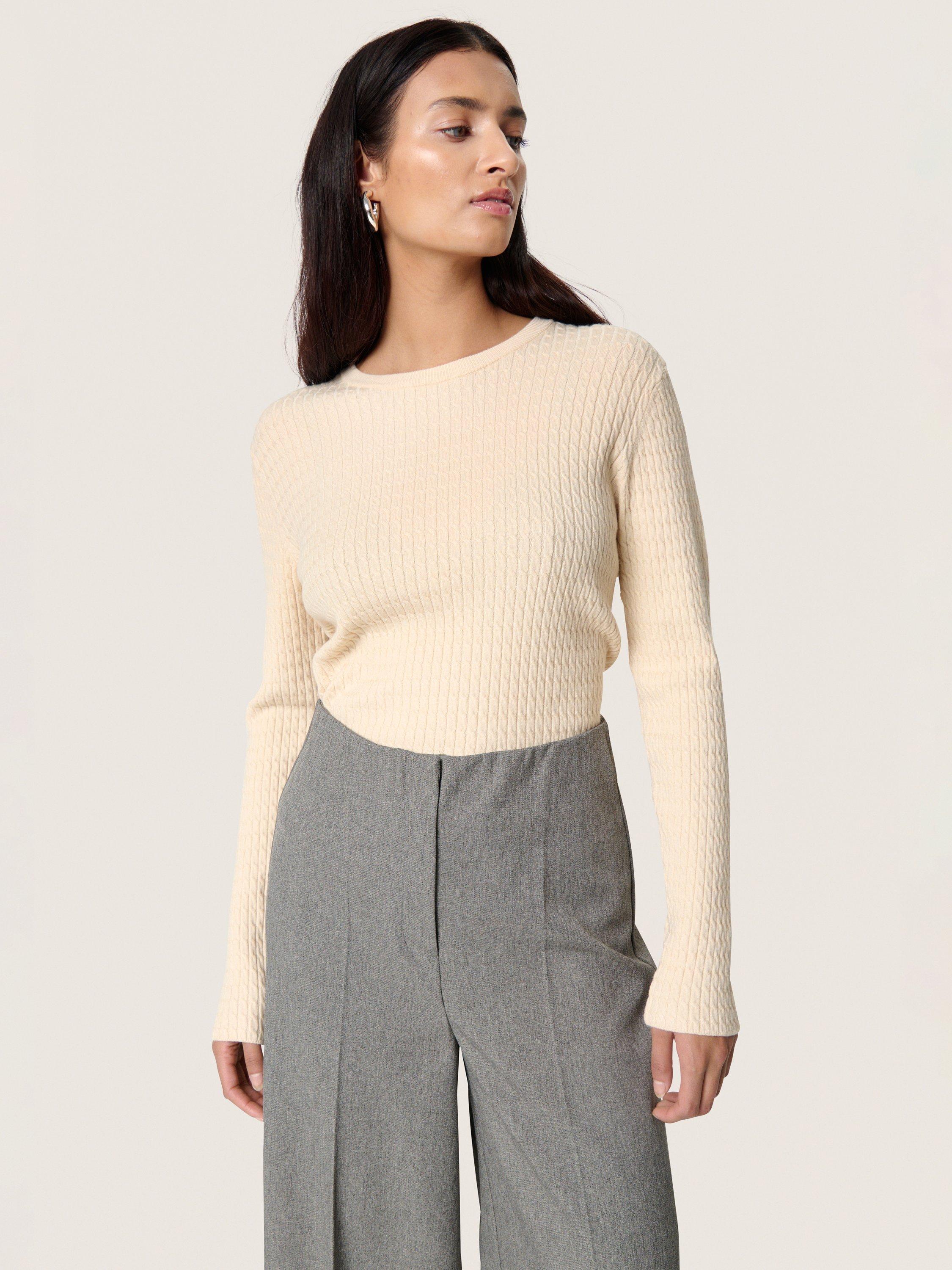 Product image 1 of 6, which shows Soaked In Luxury Spina Long Sleeve Cable Pullover, Natural Cream, XS