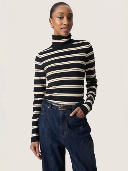 Soaked In Luxury SLSpina Long Sleeve Striped Roll Neck Jumper, Black/Multi