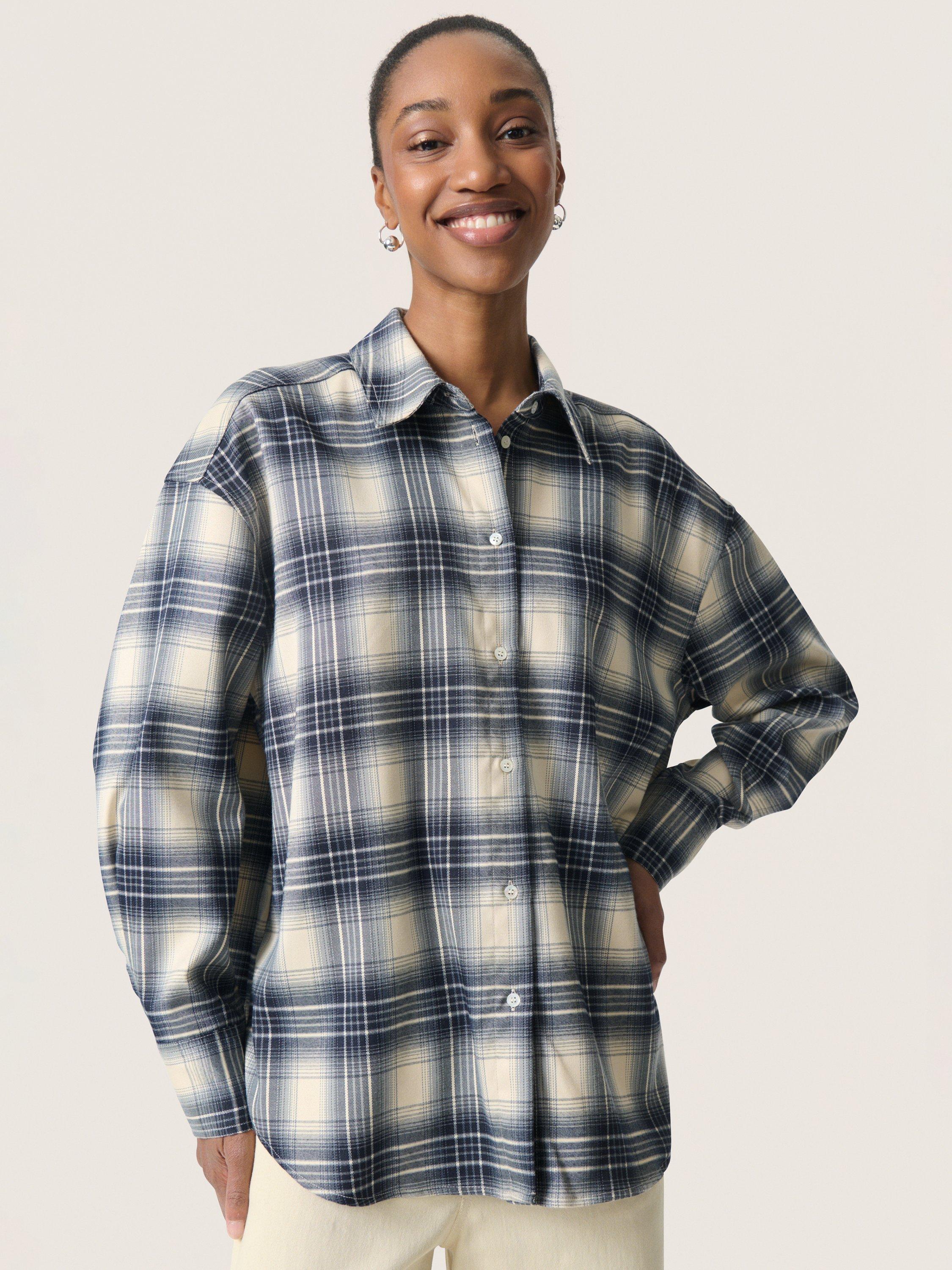 Product image 1 of 6, which shows Soaked In Luxury SLPamala Long Sleeve Checked Flannel, Navy/Multi, XS