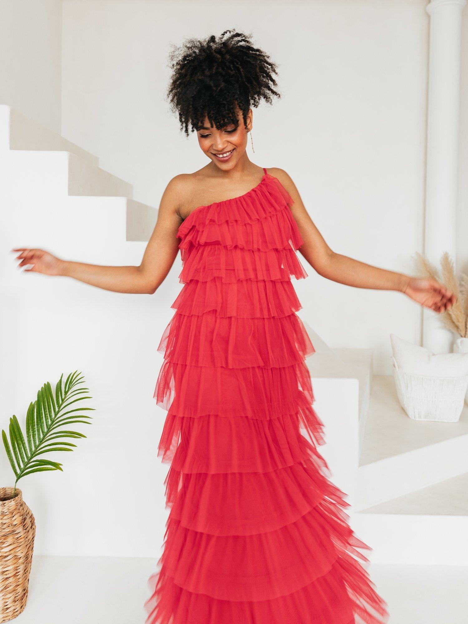 Product image 1 of 6, which shows Anaya With Love Asymmetric Tiered Tulle Maxi Dress, Geranium Pink, 6