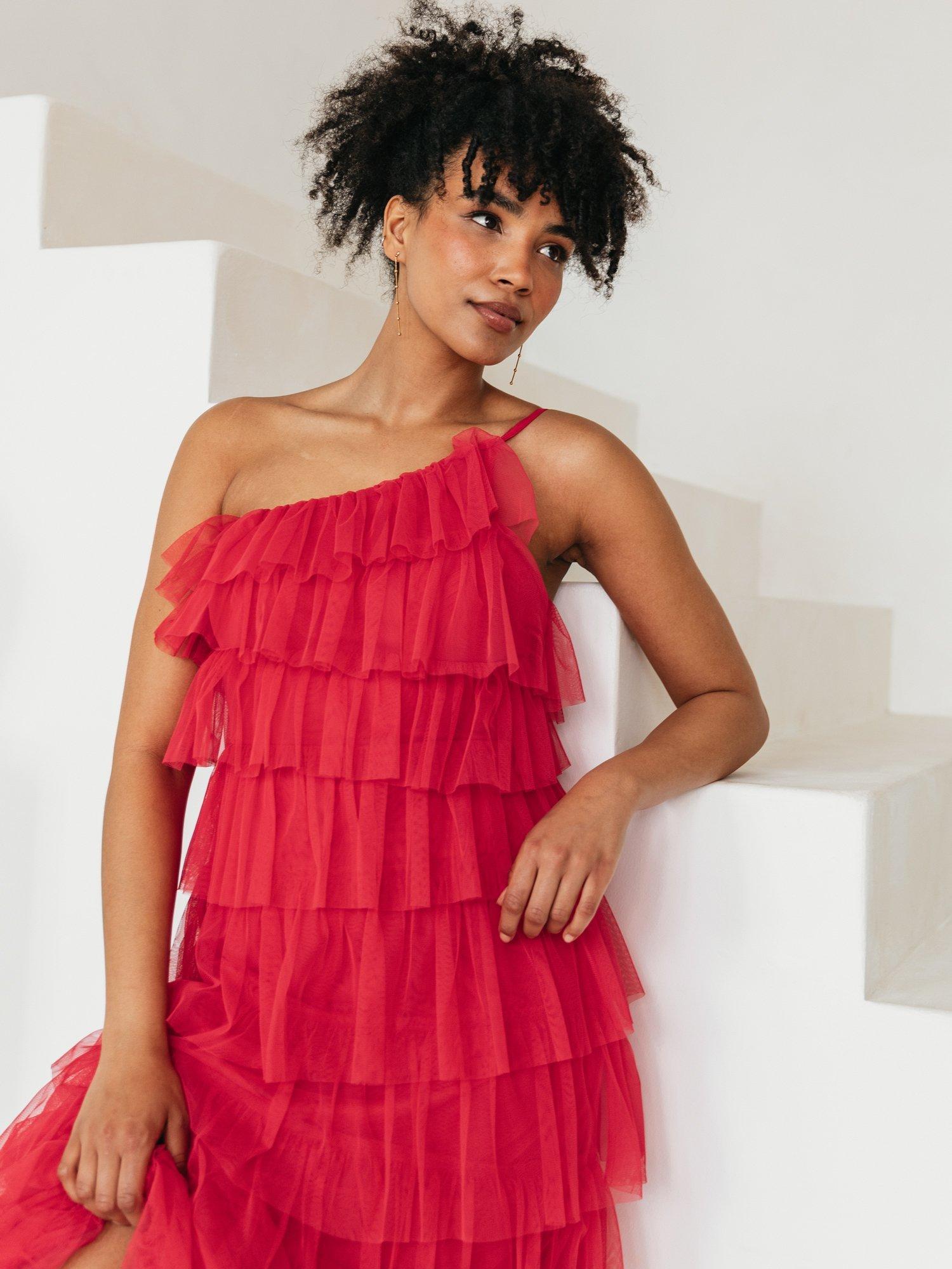 Product image 2 of 6, which shows Anaya With Love Asymmetric Tiered Tulle Maxi Dress, Geranium Pink, 6