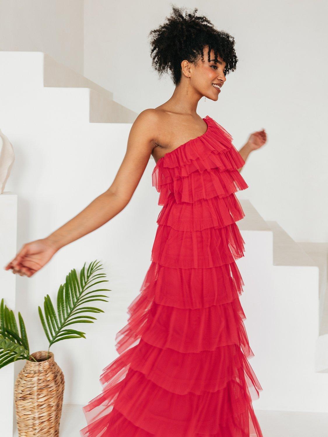 Product image 3 of 6, which shows Anaya With Love Asymmetric Tiered Tulle Maxi Dress, Geranium Pink, 6