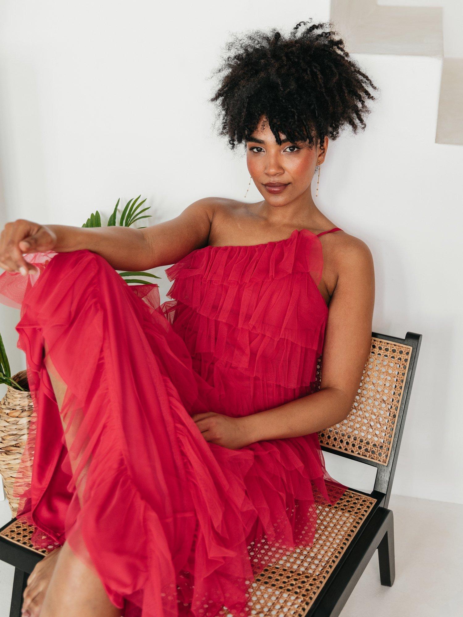 Product image 4 of 6, which shows Anaya With Love Asymmetric Tiered Tulle Maxi Dress, Geranium Pink, 6