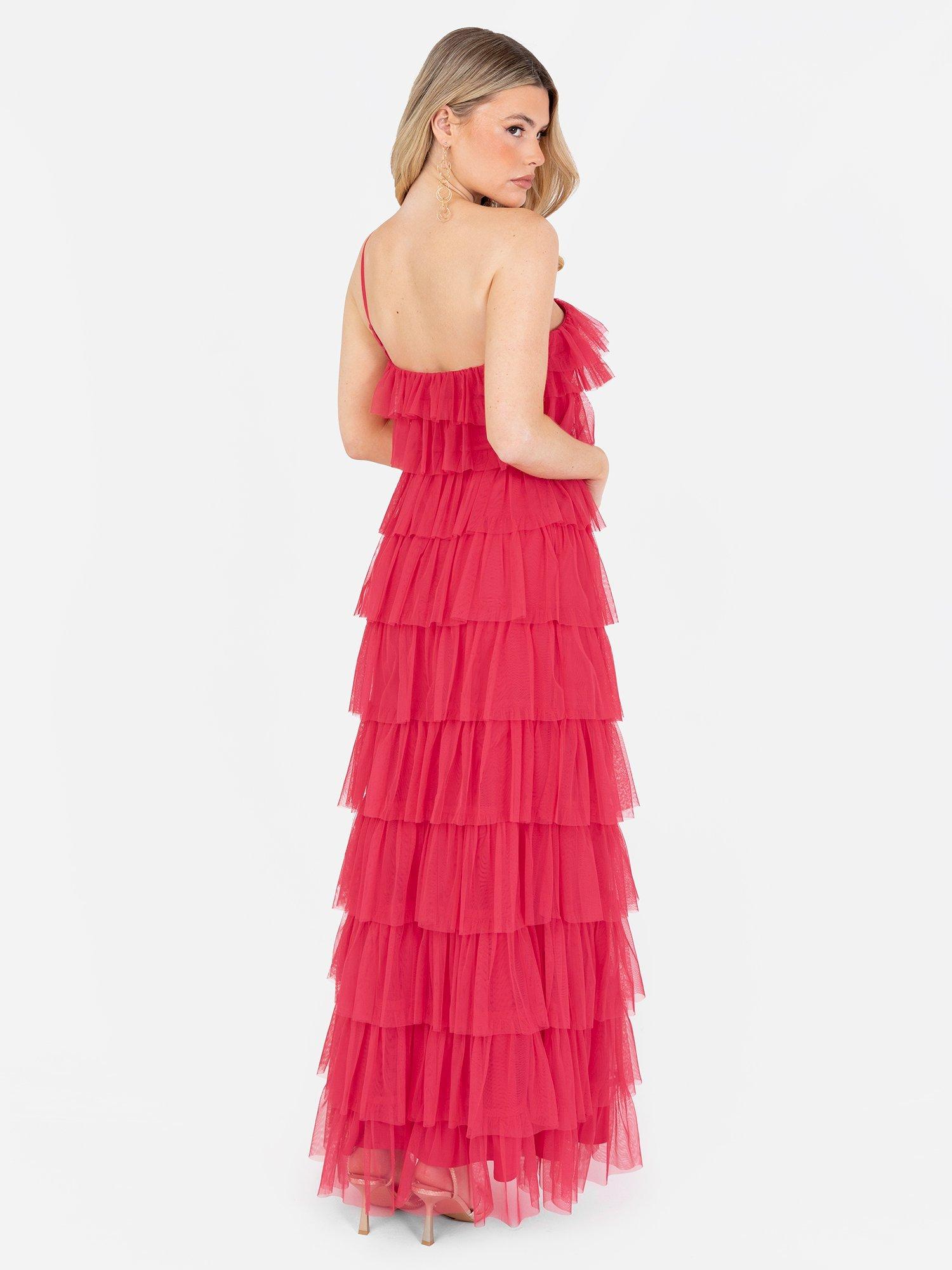 Product image 5 of 6, which shows Anaya With Love Asymmetric Tiered Tulle Maxi Dress, Geranium Pink, 6