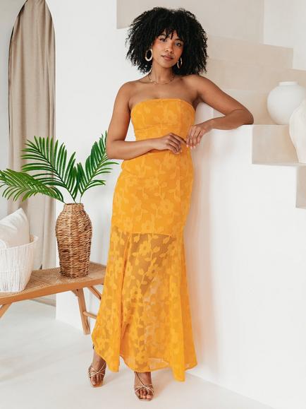 Anaya With Love Floral Burnout Sheer Hem Bandeau Maxi Dress, Saffron