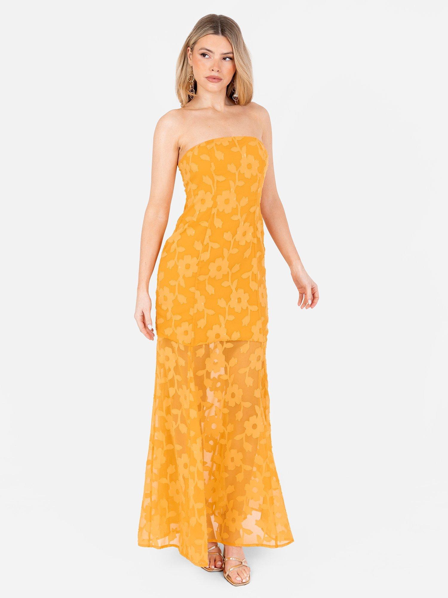 Product image 4 of 7, which shows Anaya With Love Floral Burnout Sheer Hem Bandeau Maxi Dress, Saffron, 6