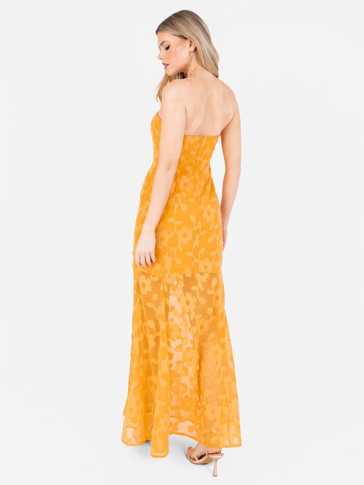 Product image 5 of 7, which shows Anaya With Love Floral Burnout Sheer Hem Bandeau Maxi Dress, Saffron, 6