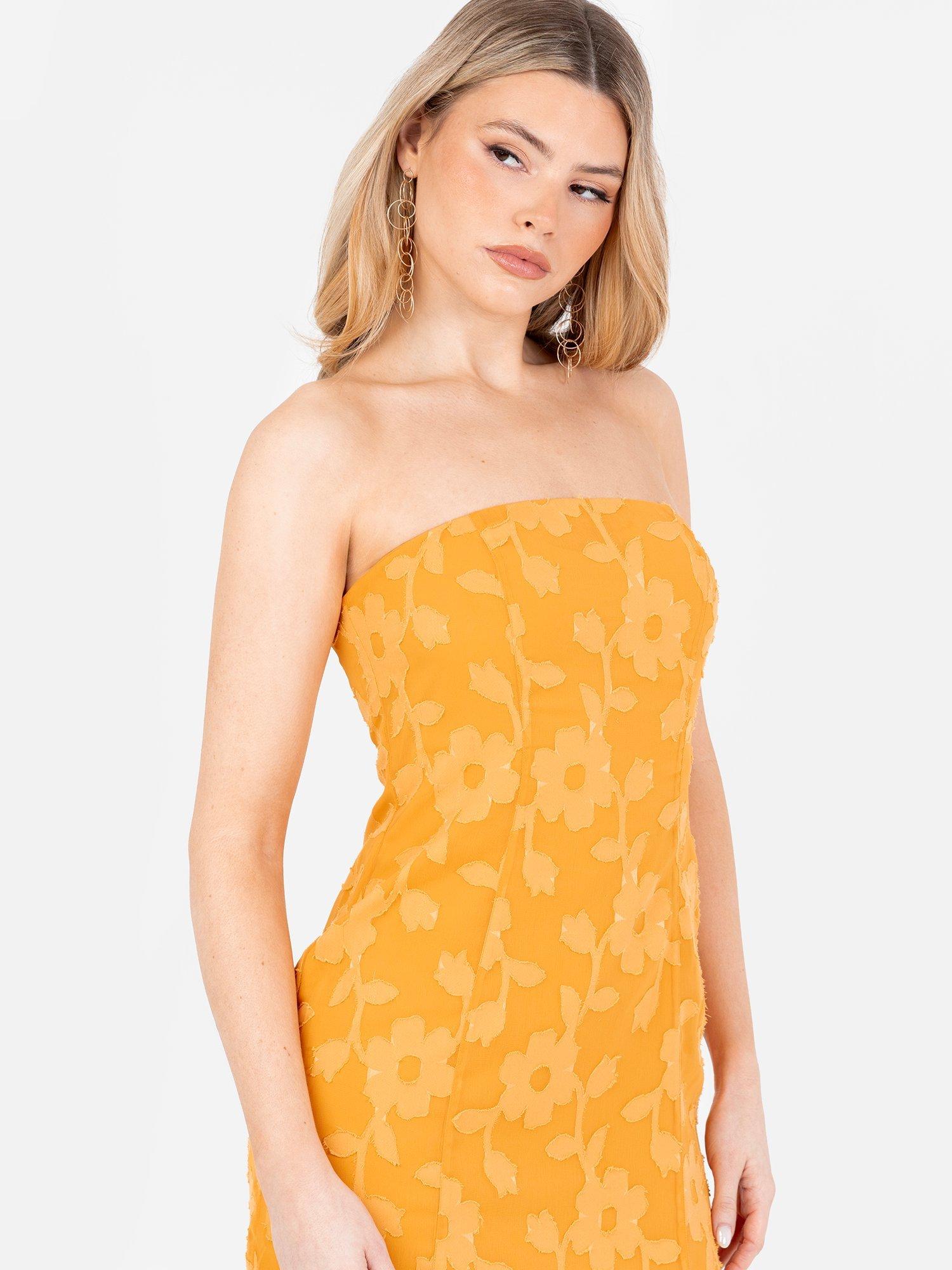Product image 6 of 7, which shows Anaya With Love Floral Burnout Sheer Hem Bandeau Maxi Dress, Saffron, 6