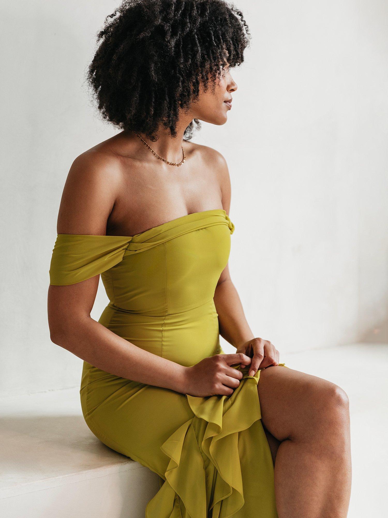 Product image 4 of 6, which shows Anaya With Love Waterfall Ruffle Hem Chiffon Bardot Maxi Dress, Lime, 6