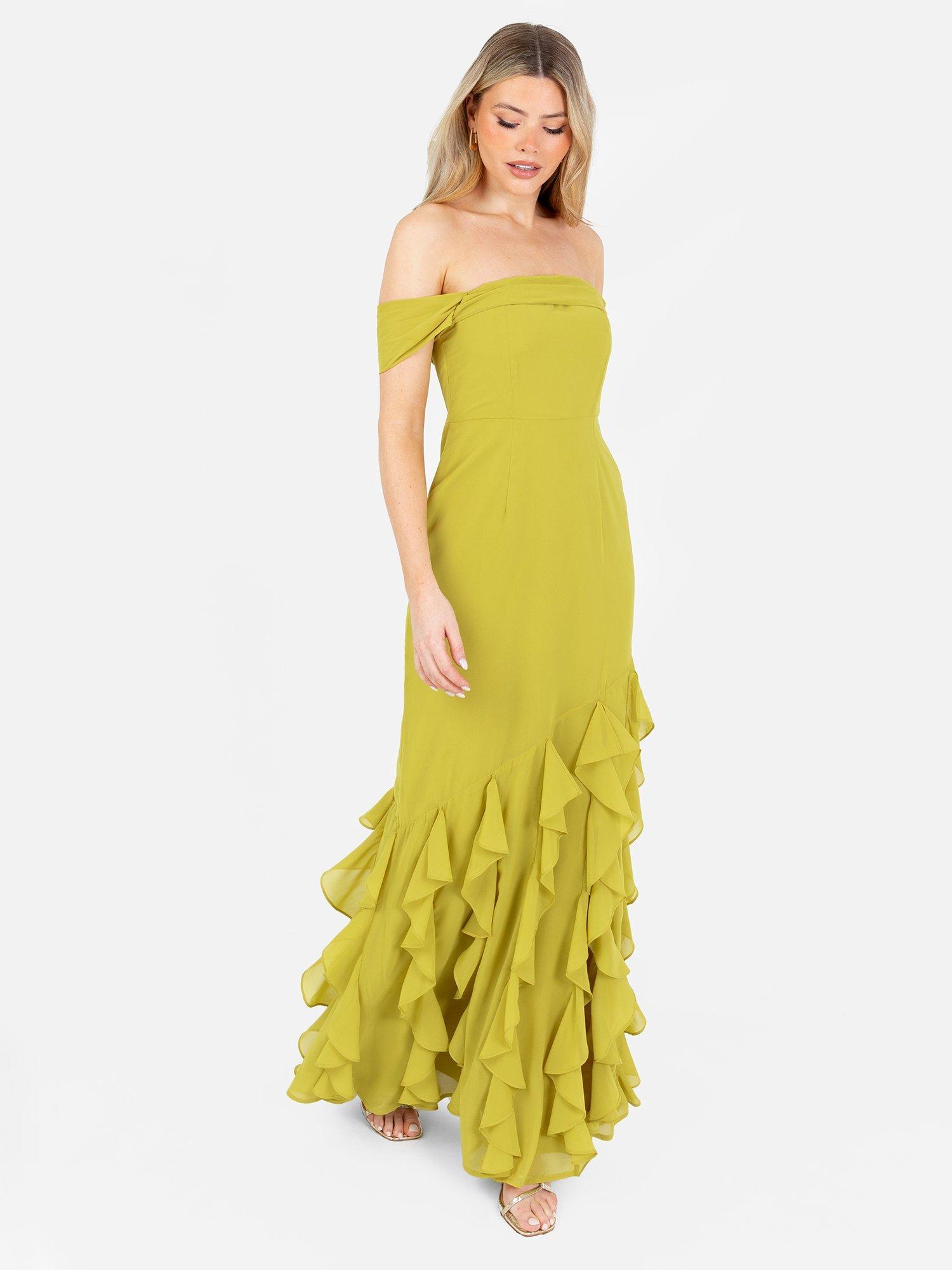 Product image 5 of 6, which shows Anaya With Love Waterfall Ruffle Hem Chiffon Bardot Maxi Dress, Lime, 6
