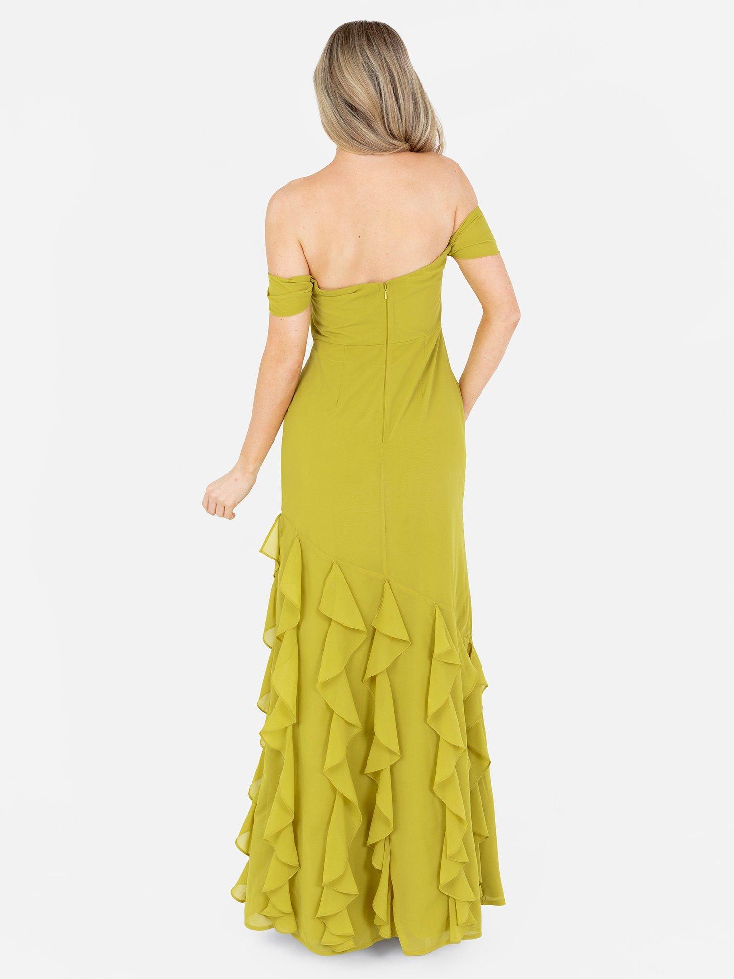 Product image 6 of 6, which shows Anaya With Love Waterfall Ruffle Hem Chiffon Bardot Maxi Dress, Lime, 6