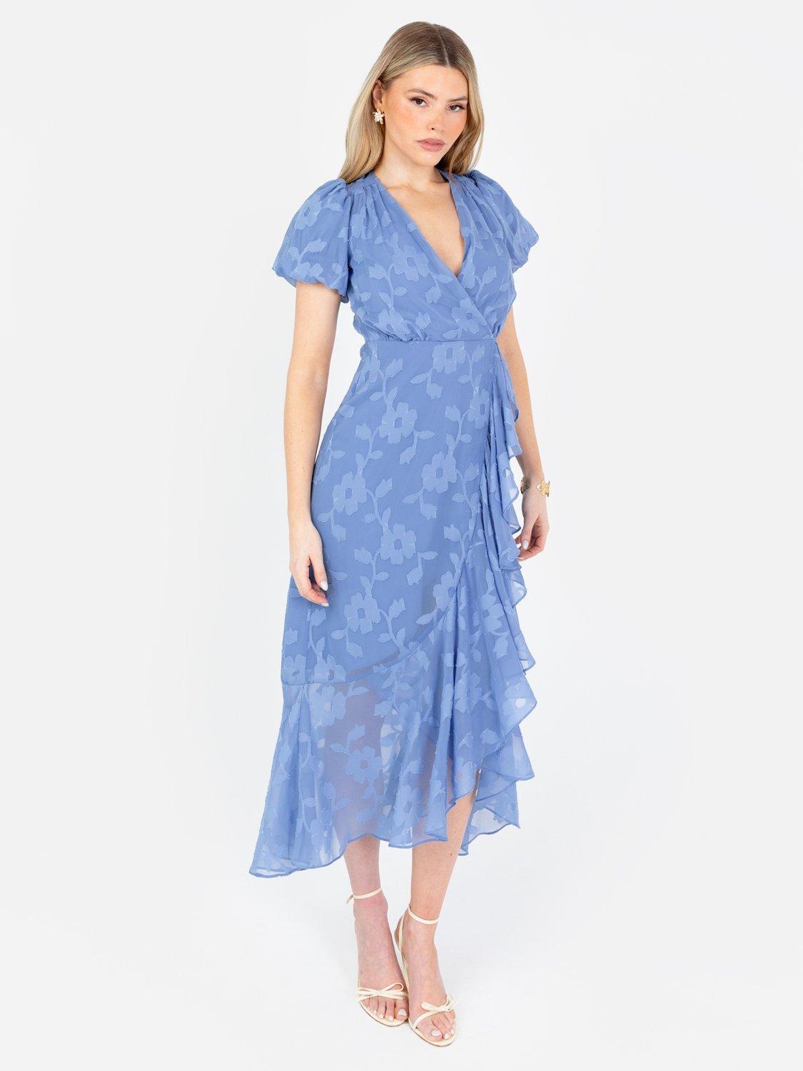 Product image 1 of 5, which shows Anaya With Love Faux Wrap Bodice Floral Ruffle Midaxi Dress, Ocean Blue, 6