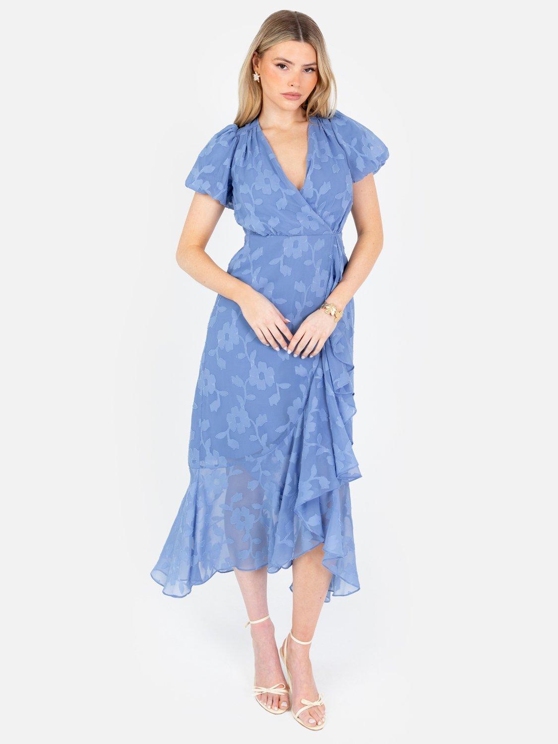 Product image 5 of 5, which shows Anaya With Love Faux Wrap Bodice Floral Ruffle Midaxi Dress, Ocean Blue, 6