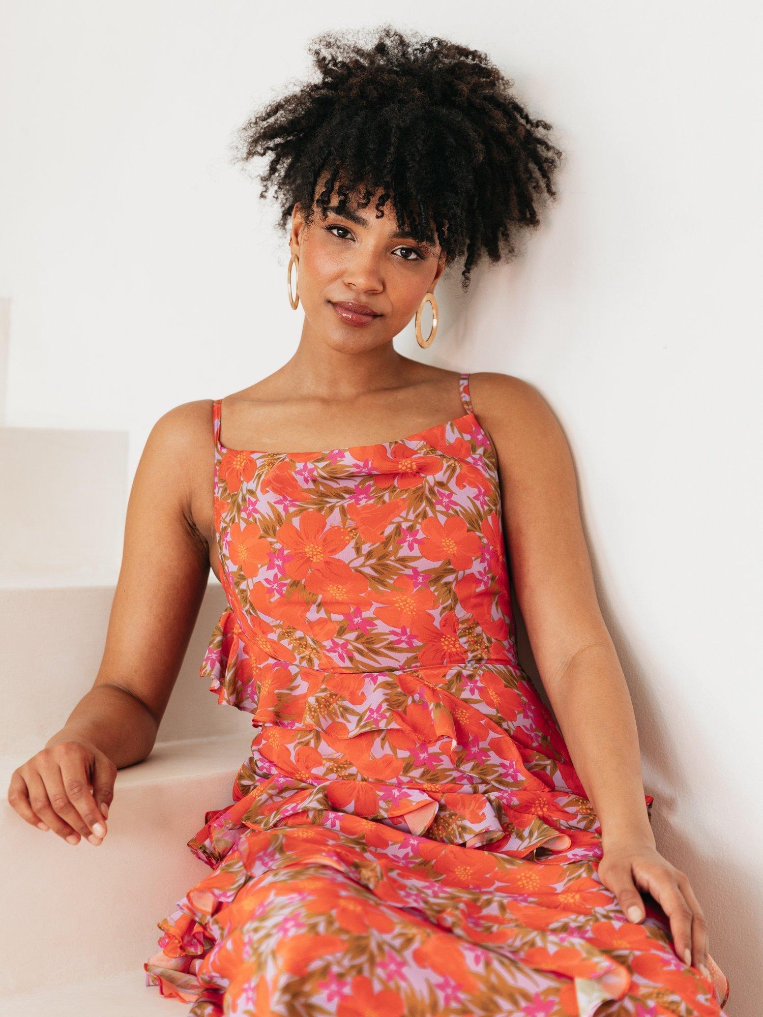 Product image 2 of 8, which shows Anaya With Love Tropical Tiered Ruffle Midaxi Dress, Red, 6