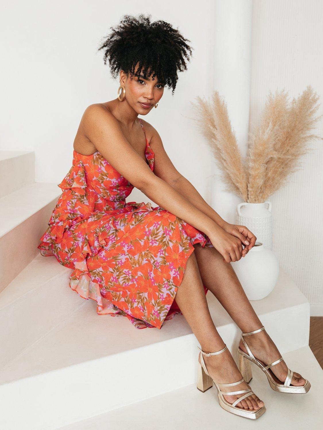 Product image 4 of 8, which shows Anaya With Love Tropical Tiered Ruffle Midaxi Dress, Red, 6