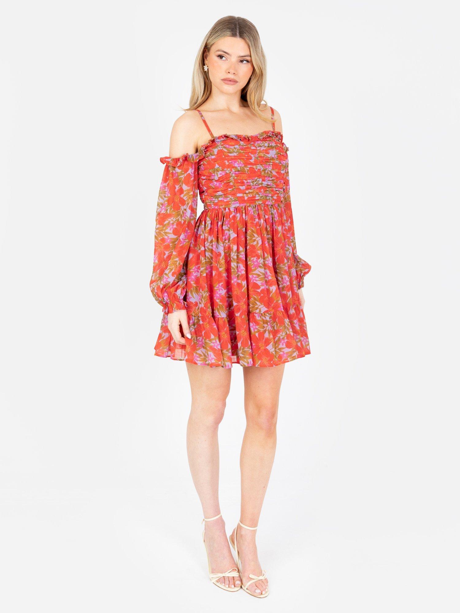Product image 1 of 7, which shows Anaya With Love Floral Tiered Frill Long Sleeved Bardot Mini Dress, Red, 6