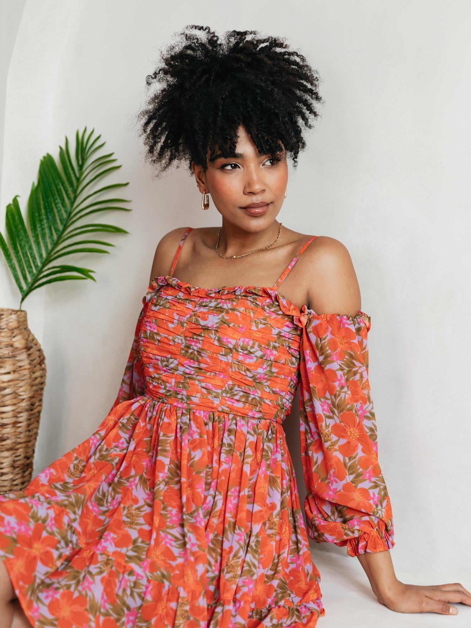 Product image 2 of 7, which shows Anaya With Love Floral Tiered Frill Long Sleeved Bardot Mini Dress, Red, 6