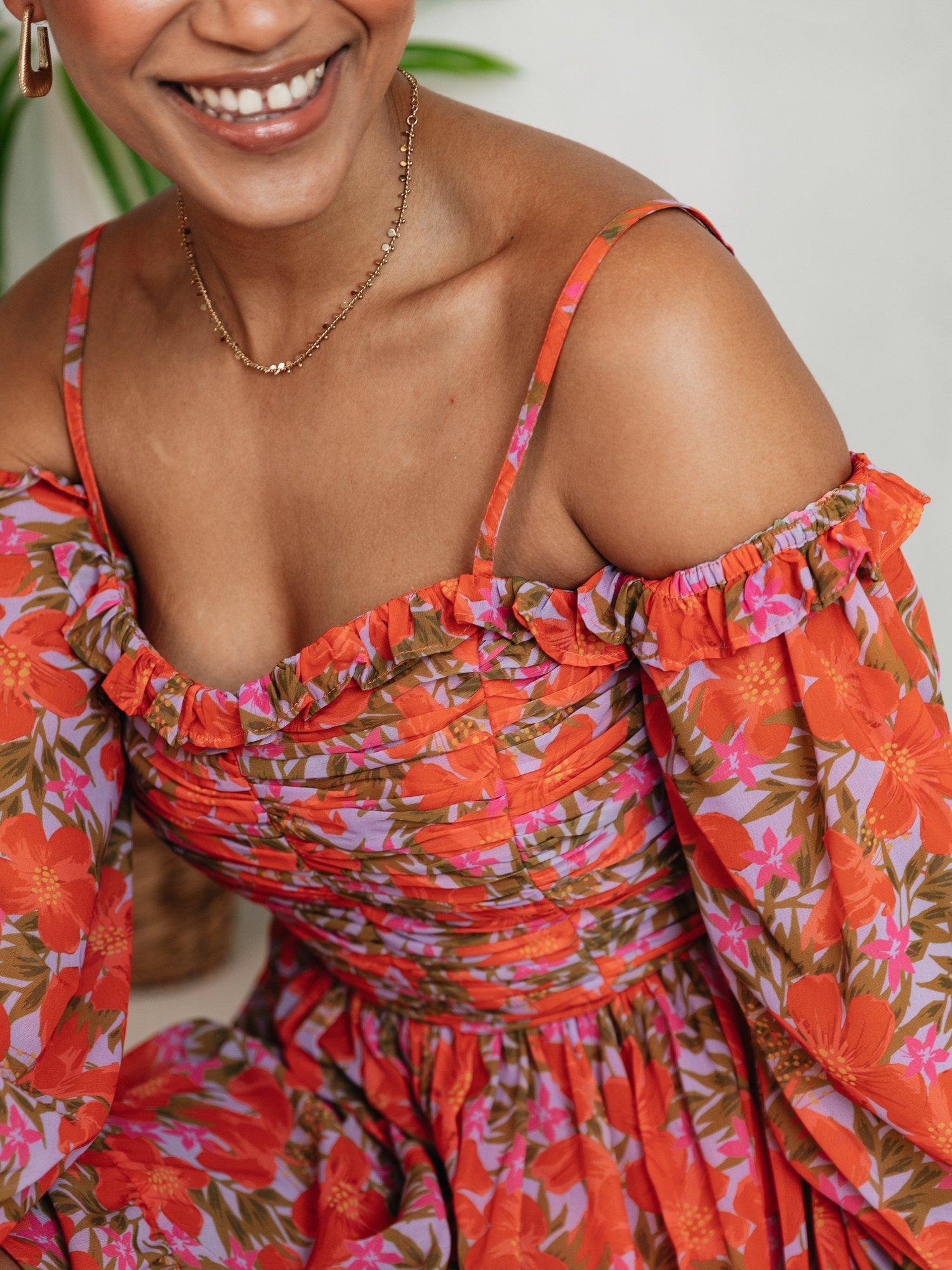 Product image 3 of 7, which shows Anaya With Love Floral Tiered Frill Long Sleeved Bardot Mini Dress, Red, 6