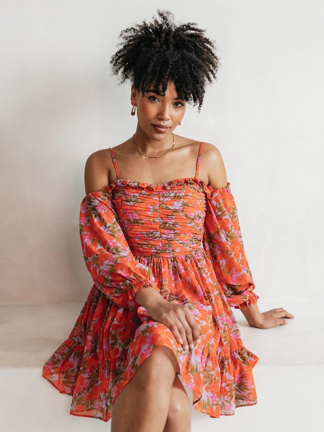 Product image 4 of 7, which shows Anaya With Love Floral Tiered Frill Long Sleeved Bardot Mini Dress, Red, 6