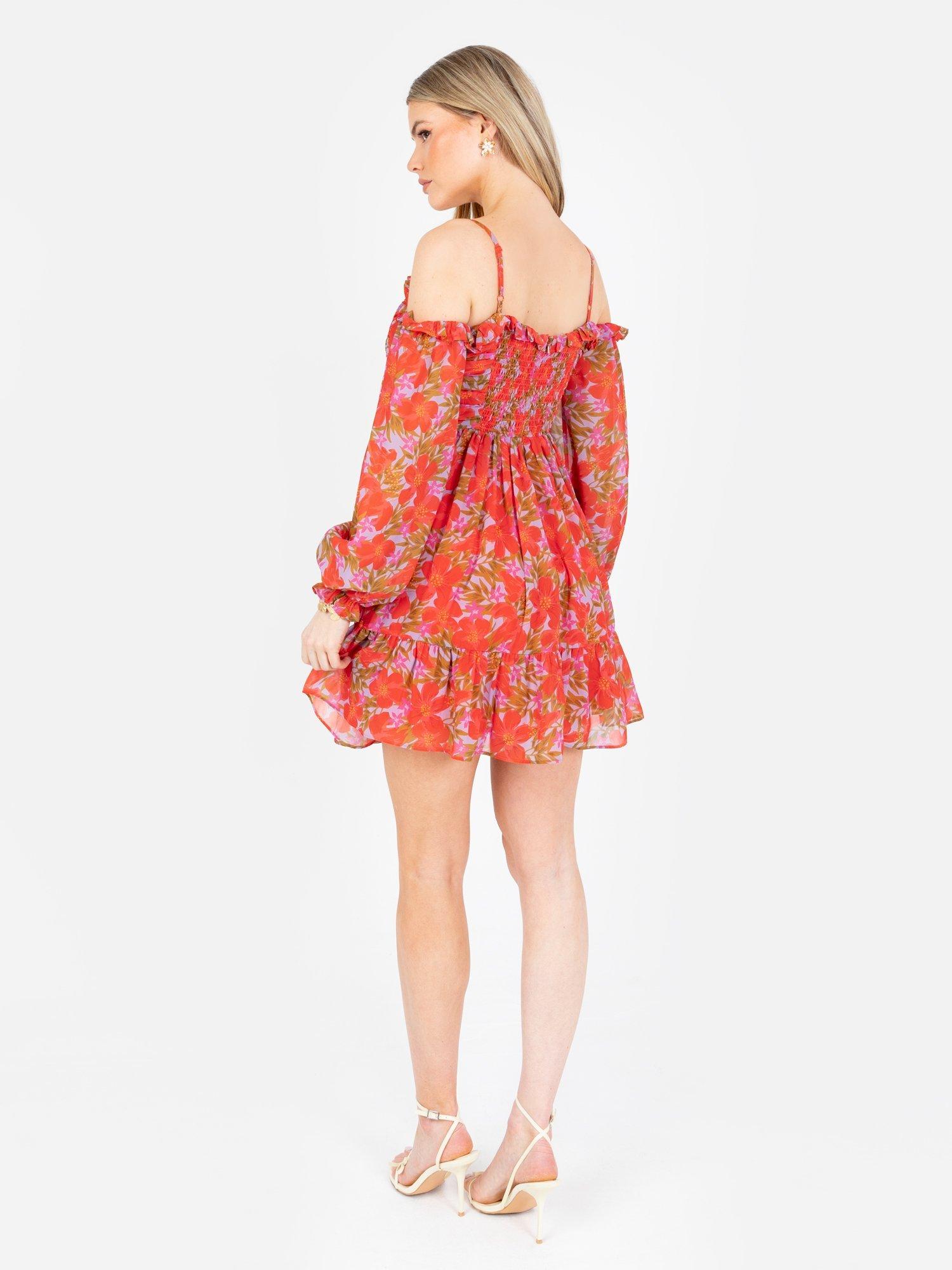 Product image 5 of 7, which shows Anaya With Love Floral Tiered Frill Long Sleeved Bardot Mini Dress, Red, 6