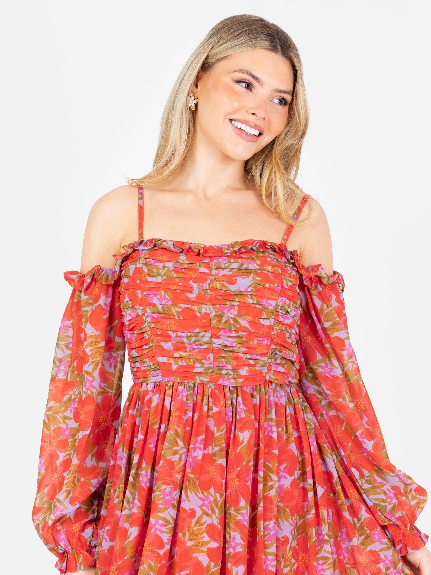 Product image 6 of 7, which shows Anaya With Love Floral Tiered Frill Long Sleeved Bardot Mini Dress, Red, 6