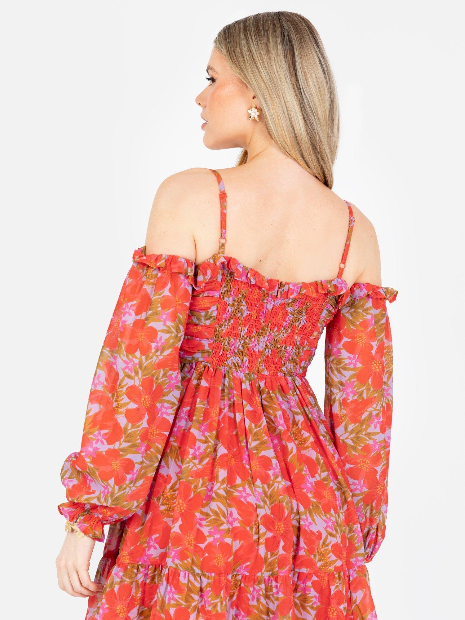 Product image 7 of 7, which shows Anaya With Love Floral Tiered Frill Long Sleeved Bardot Mini Dress, Red, 6