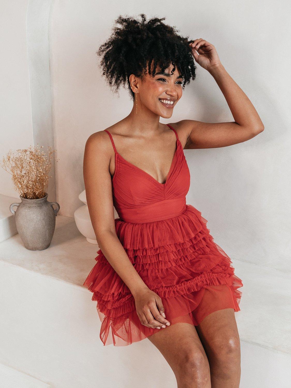 Product image 1 of 7, which shows Anaya With Love Ruffle Tulle Cami Mini Dress, Red, 6