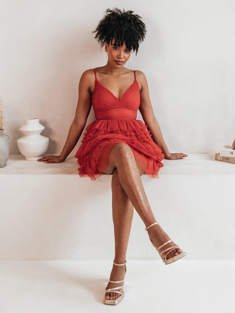 Product image 3 of 7, which shows Anaya With Love Ruffle Tulle Cami Mini Dress, Red, 6