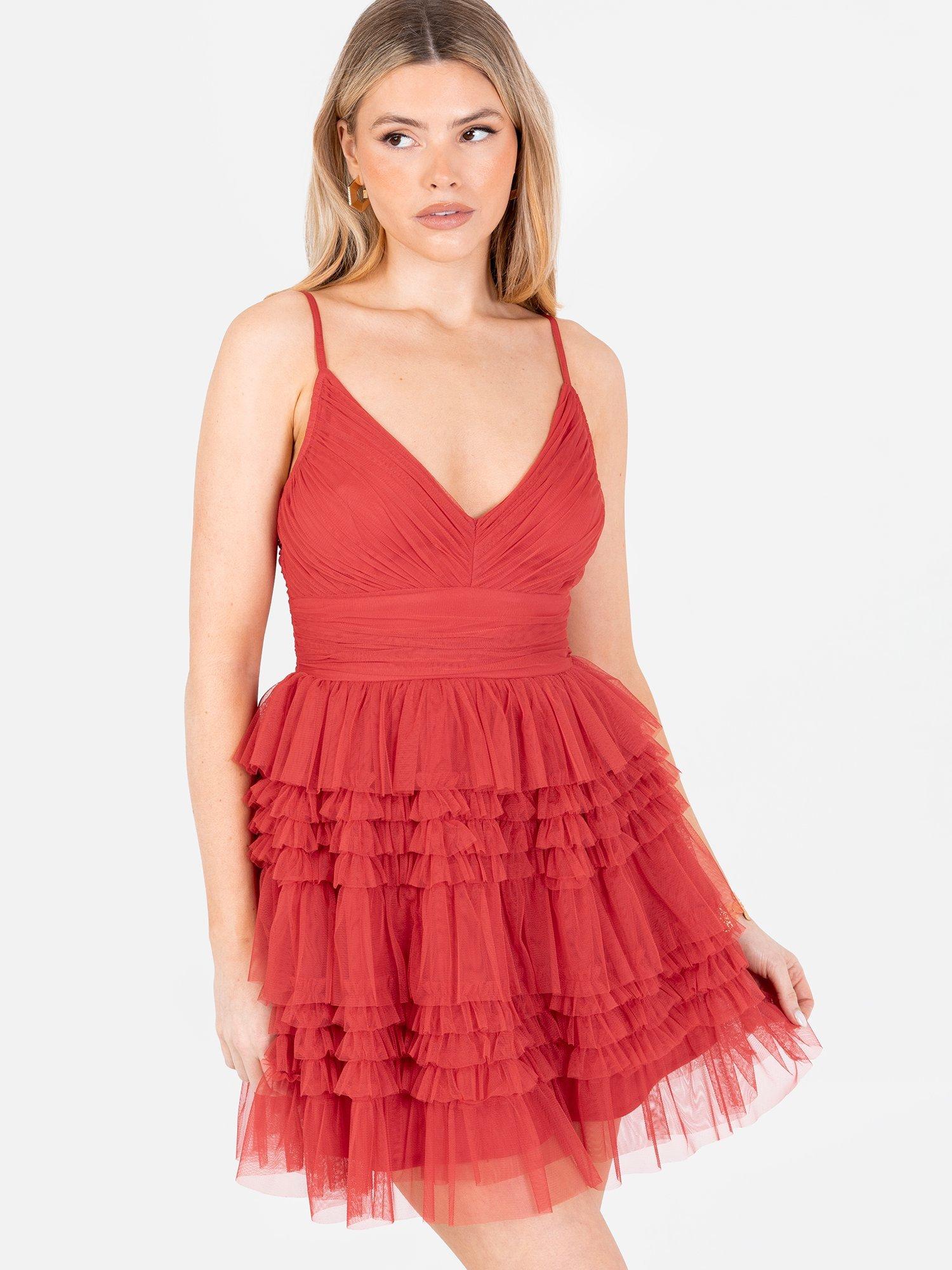 Product image 4 of 7, which shows Anaya With Love Ruffle Tulle Cami Mini Dress, Red, 6