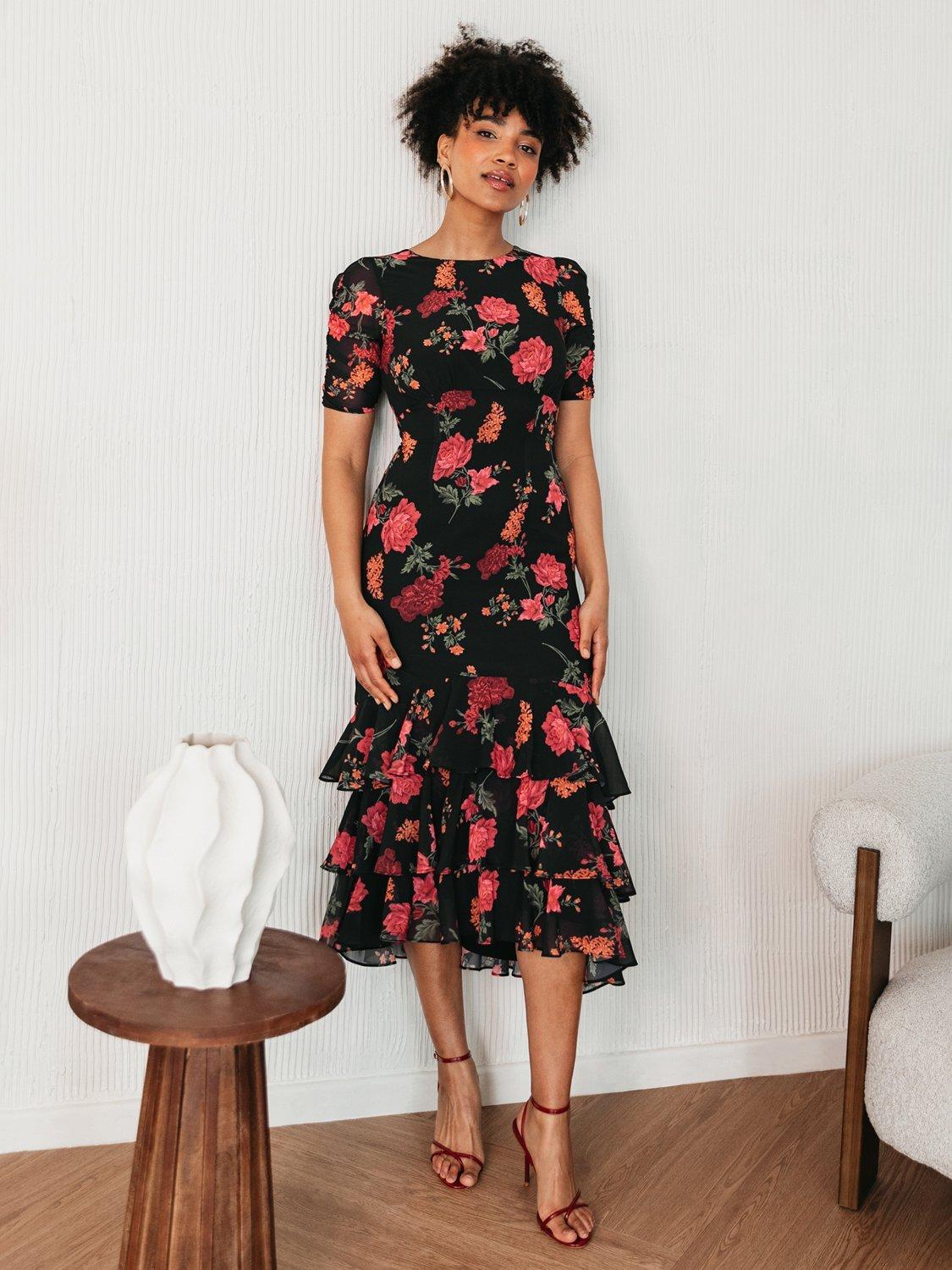 Product image 1 of 7, which shows Anaya With Love Empire Waist Ruffle Skirt Midi Dress, Black/Multi, 6