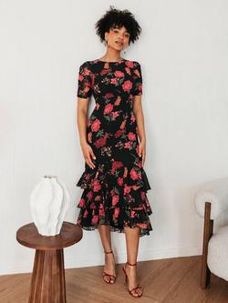 Anaya With Love Empire Waist Ruffle Skirt Midi Dress, Black/Multi