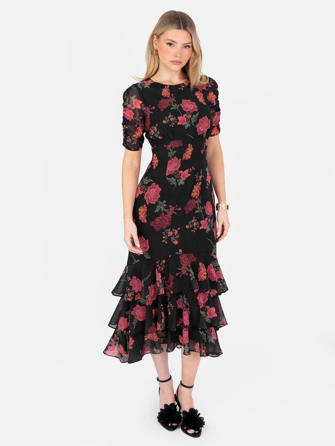 Product image 4 of 7, which shows Anaya With Love Empire Waist Ruffle Skirt Midi Dress, Black/Multi, 6