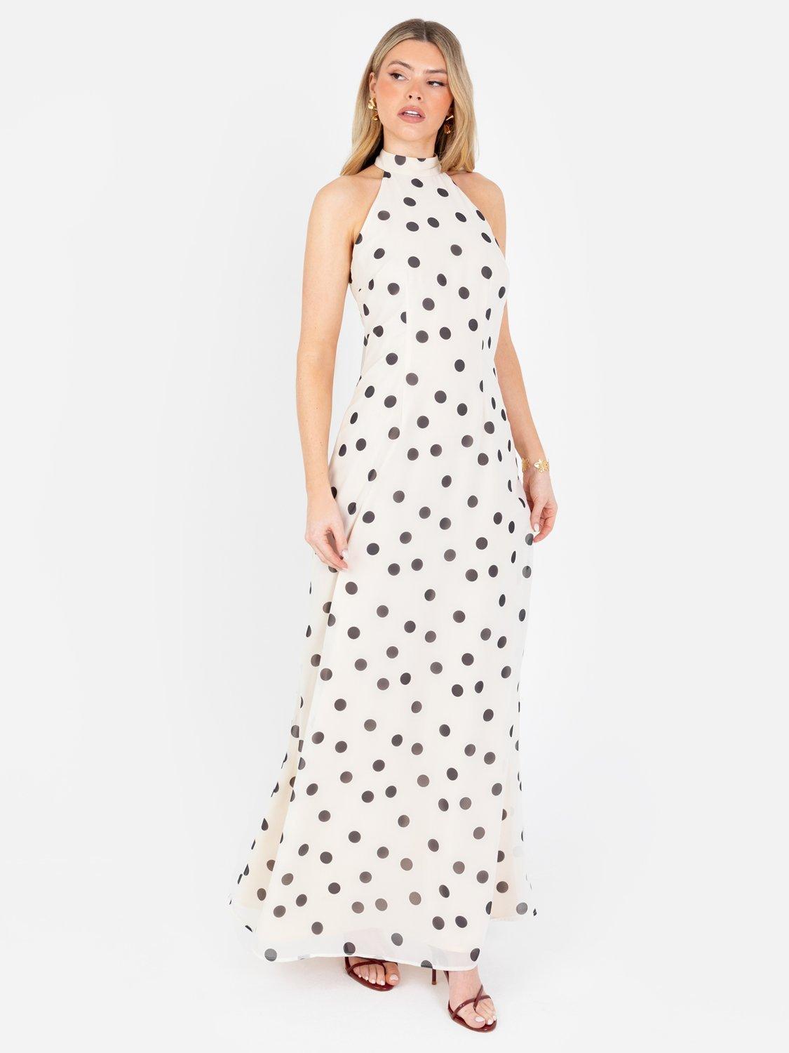 Product image 1 of 4, which shows Anaya With Love Spot Self Tie Halterneck Maxi Dress, Cream/Grey, 6