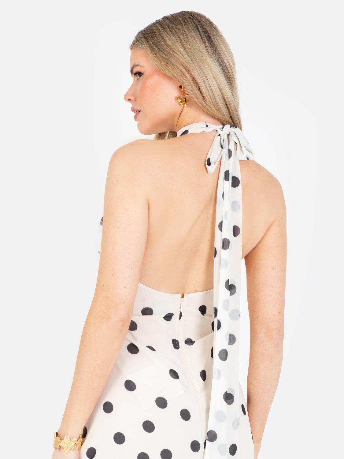 Product image 3 of 4, which shows Anaya With Love Spot Self Tie Halterneck Maxi Dress, Cream/Grey, 6