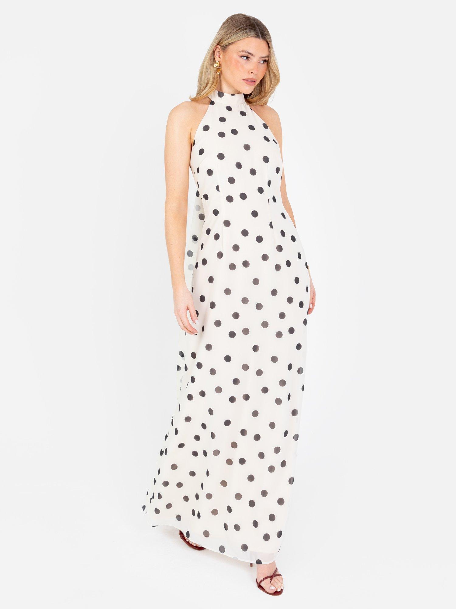 Product image 4 of 4, which shows Anaya With Love Spot Self Tie Halterneck Maxi Dress, Cream/Grey, 6