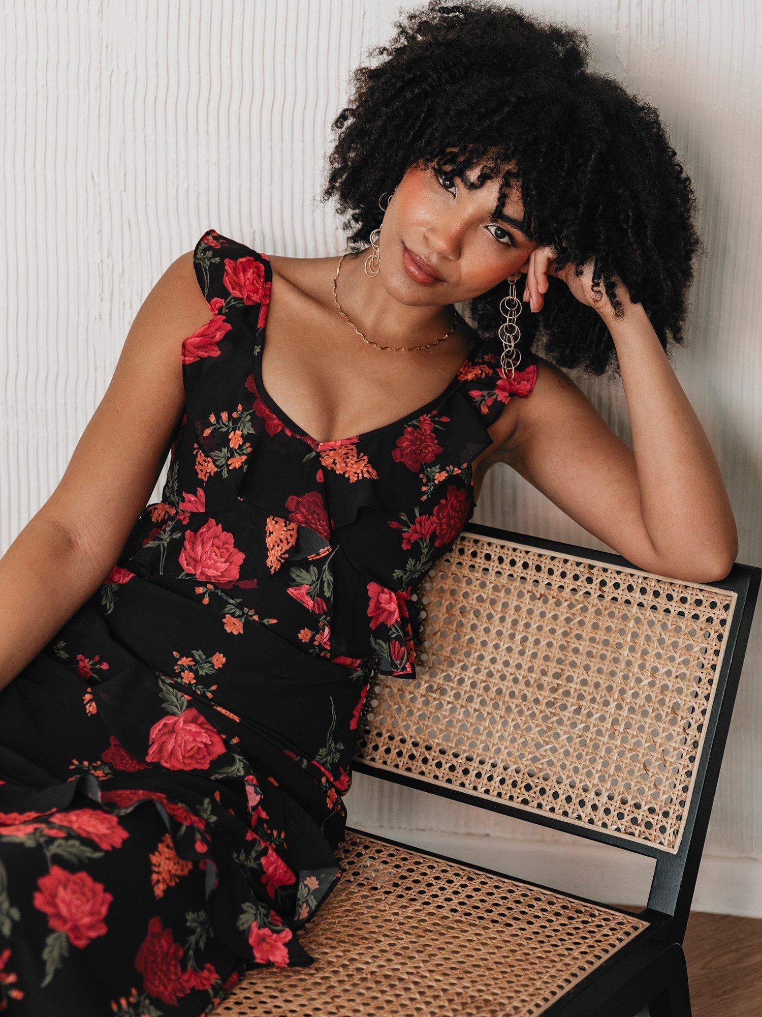 Product image 2 of 7, which shows Anaya With Love Floral Ruffle Maxi Dress, Black/Multi, 6