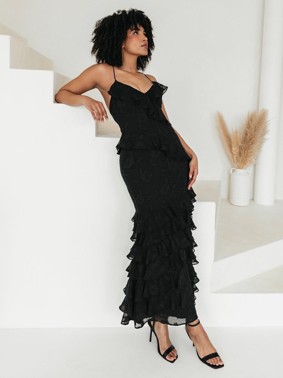 Product image 1 of 8, which shows Anaya With Love Ruffle Strappy Maxi Dress, Black, 6