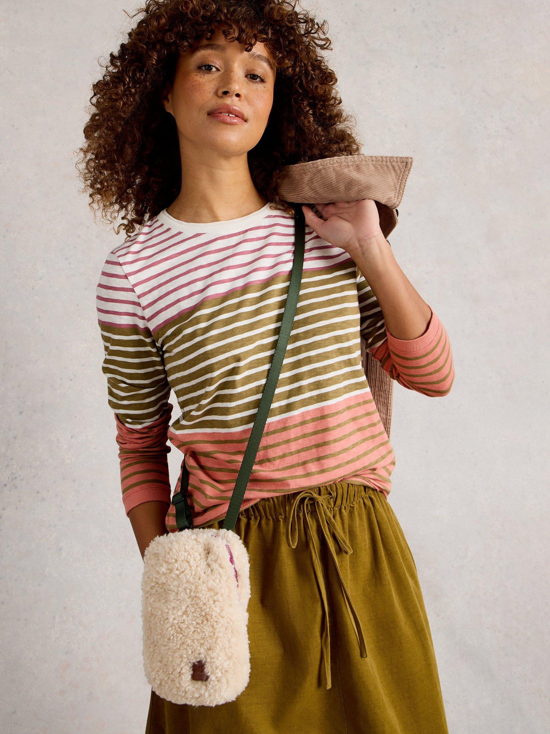 Product image 1 of 6, which shows White Stuff Clara Round Neck Long Sleeve Cotton Blend Stitch Tee, Green/Multi, 6