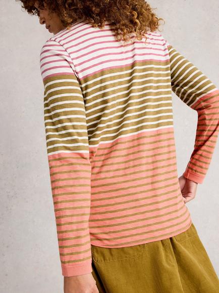 White Stuff Clara Round Neck Long Sleeve Cotton Blend Stitch Tee - view 2, Green/Multi