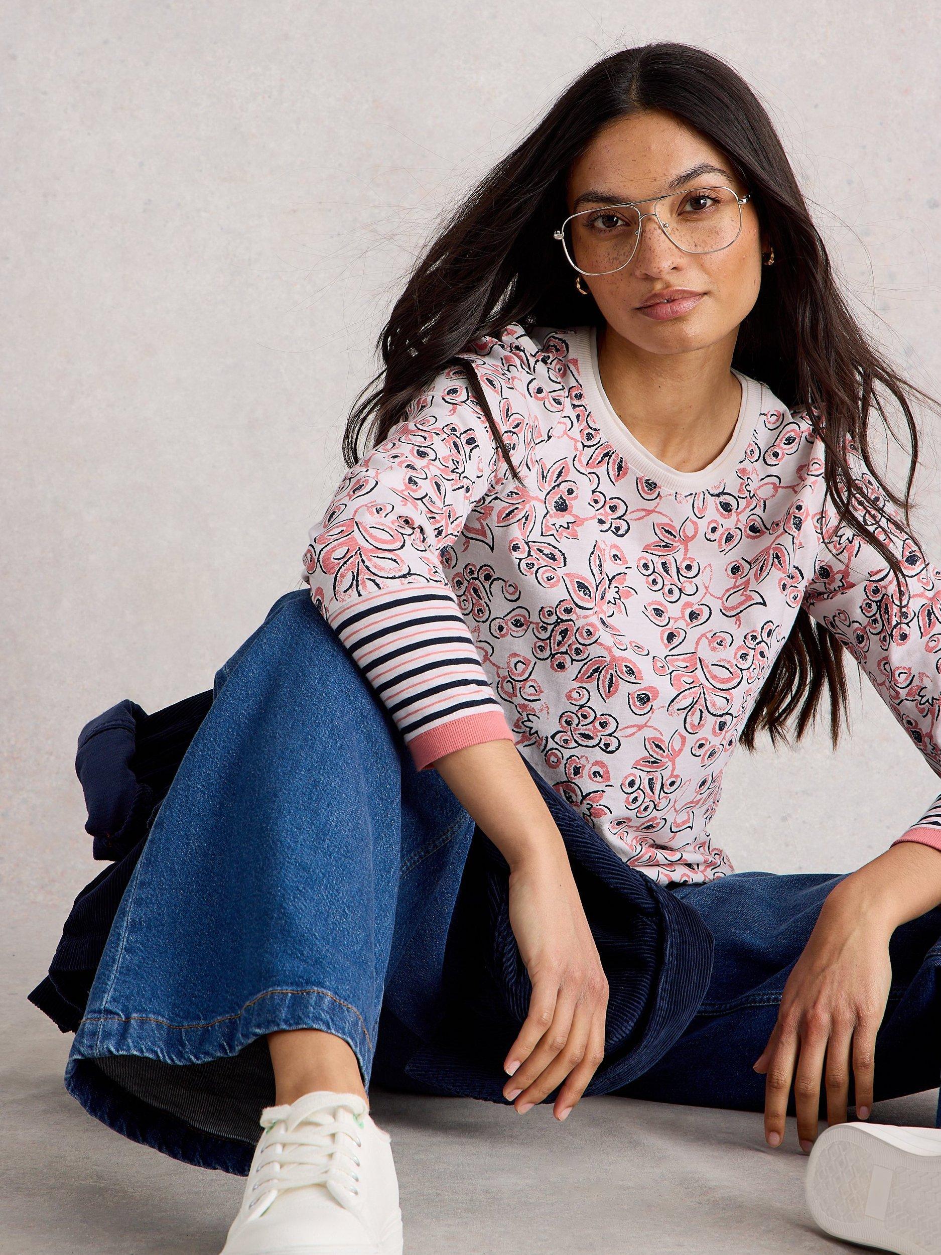 Product image 1 of 2, which shows White Stuff Clara Floral Jersey Top, Ivory/Pink, 6