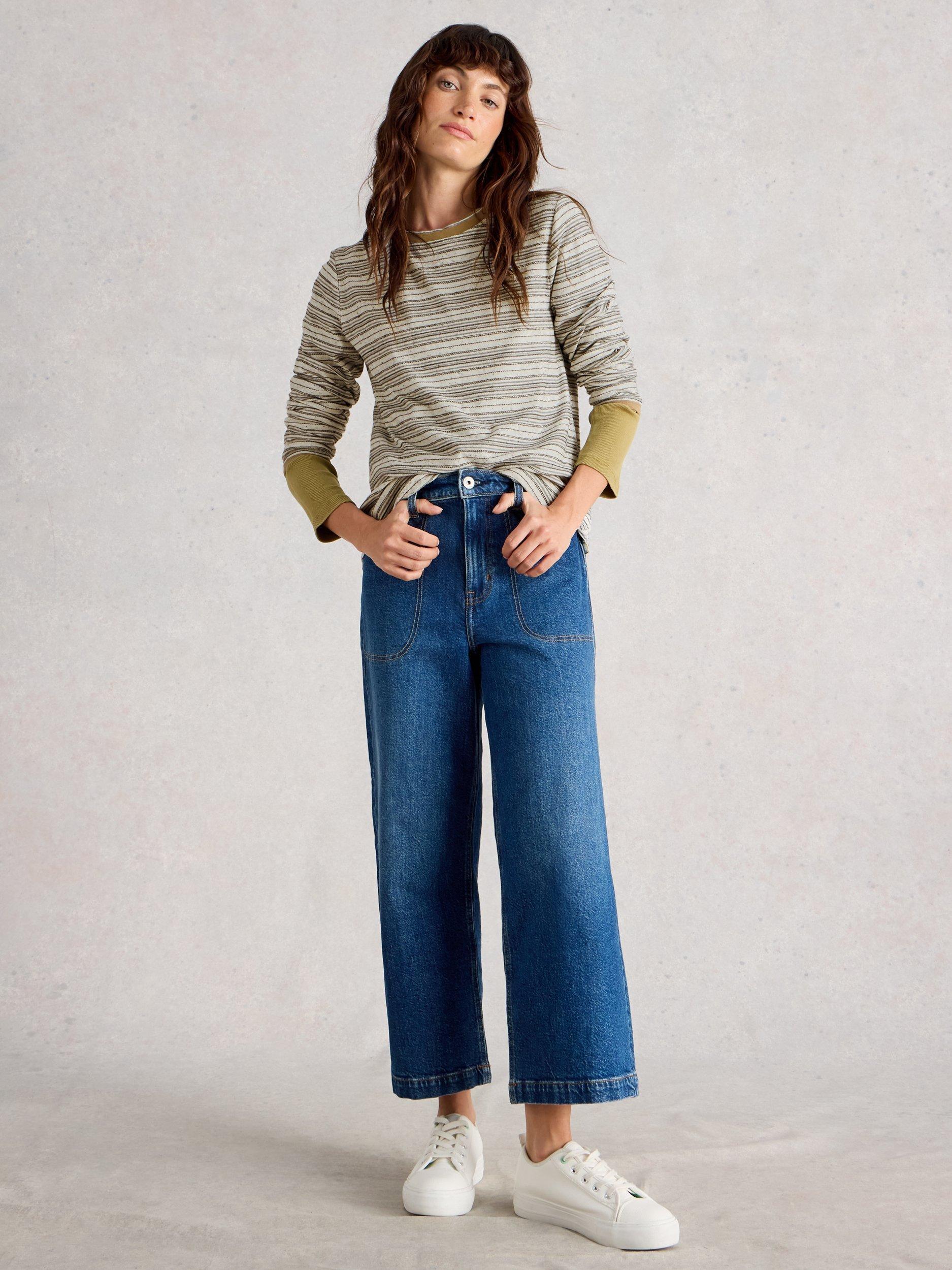 Product image 1 of 6, which shows White Stuff Clara Round Neck Long Sleeve Cotton Blend Stitch Tee, Natural/Multi, 6