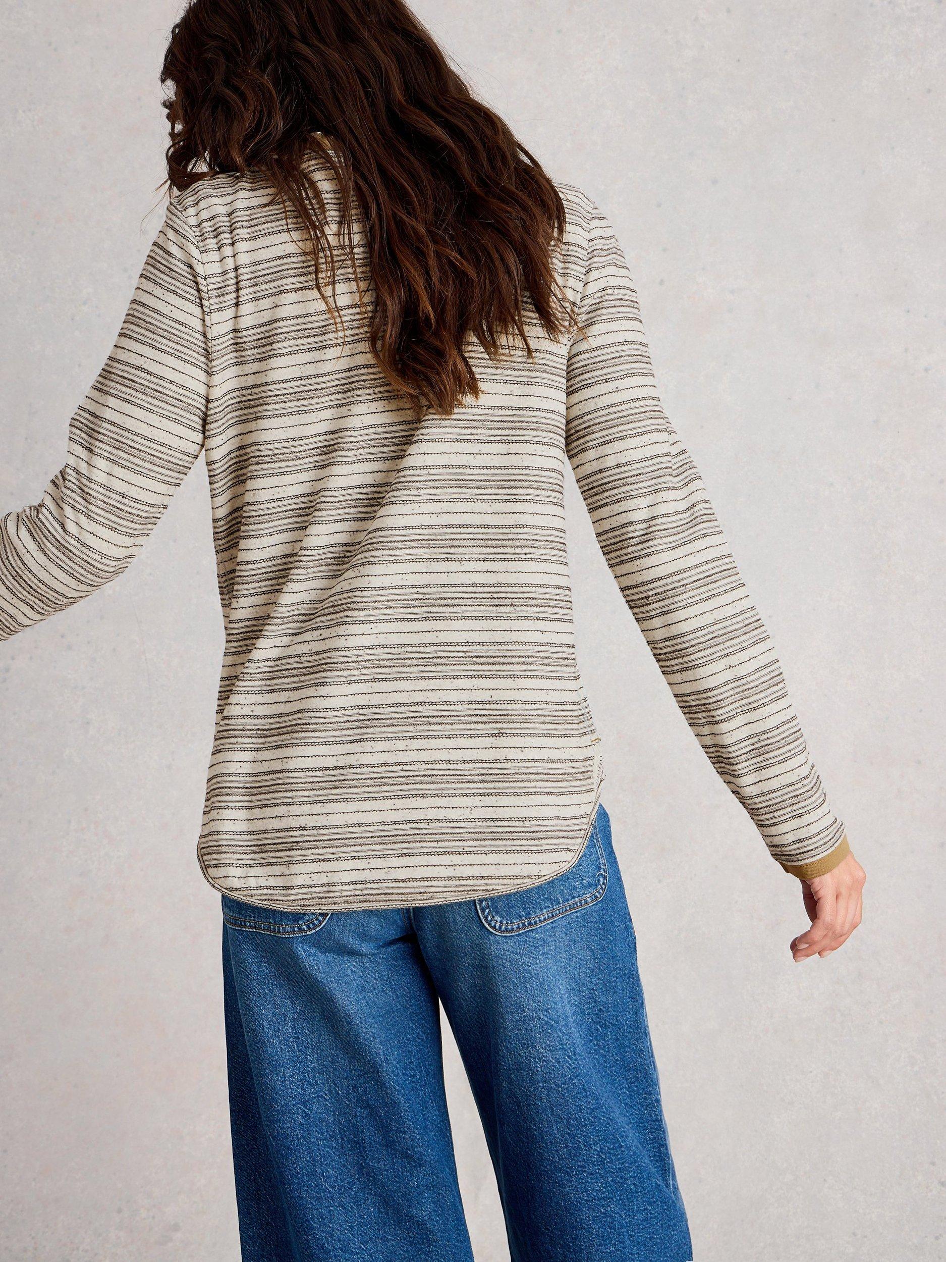 Product image 2 of 6, which shows White Stuff Clara Round Neck Long Sleeve Cotton Blend Stitch Tee, Natural/Multi, 6